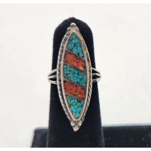 Vintage Old Pawn Native American Sterling Turquoise Red Coral Ring Size 5 Estate